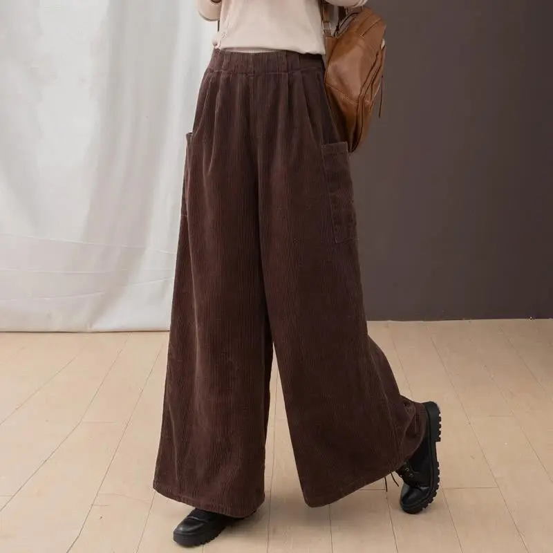 Women's Autumn and Winter Wide Leg Pants with Added Velvet Corduroy High Waisted Loose Coffee Paired with Martin Boots Pants