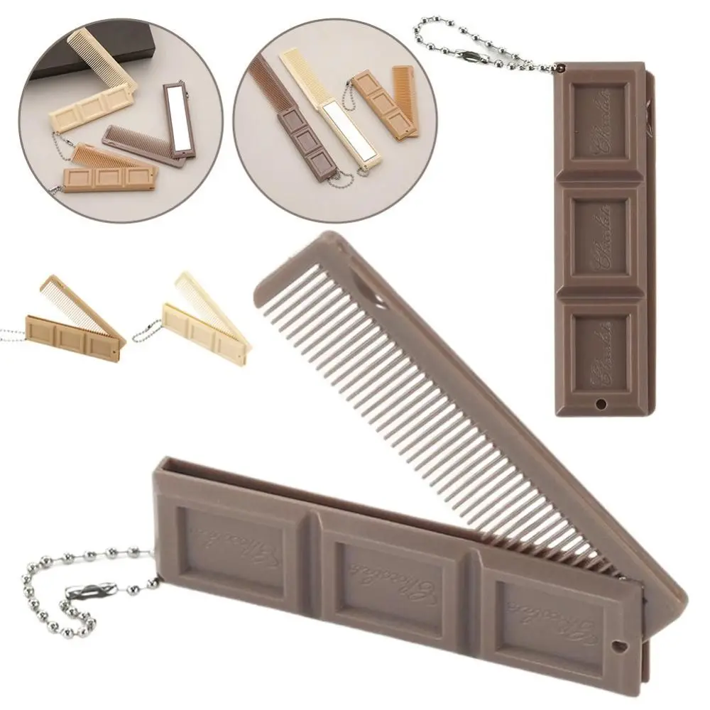 New 2-in-1 Folding Comb with Mirror Mini Keychains Portable Chocolate-Shaped Hair Comb Gift