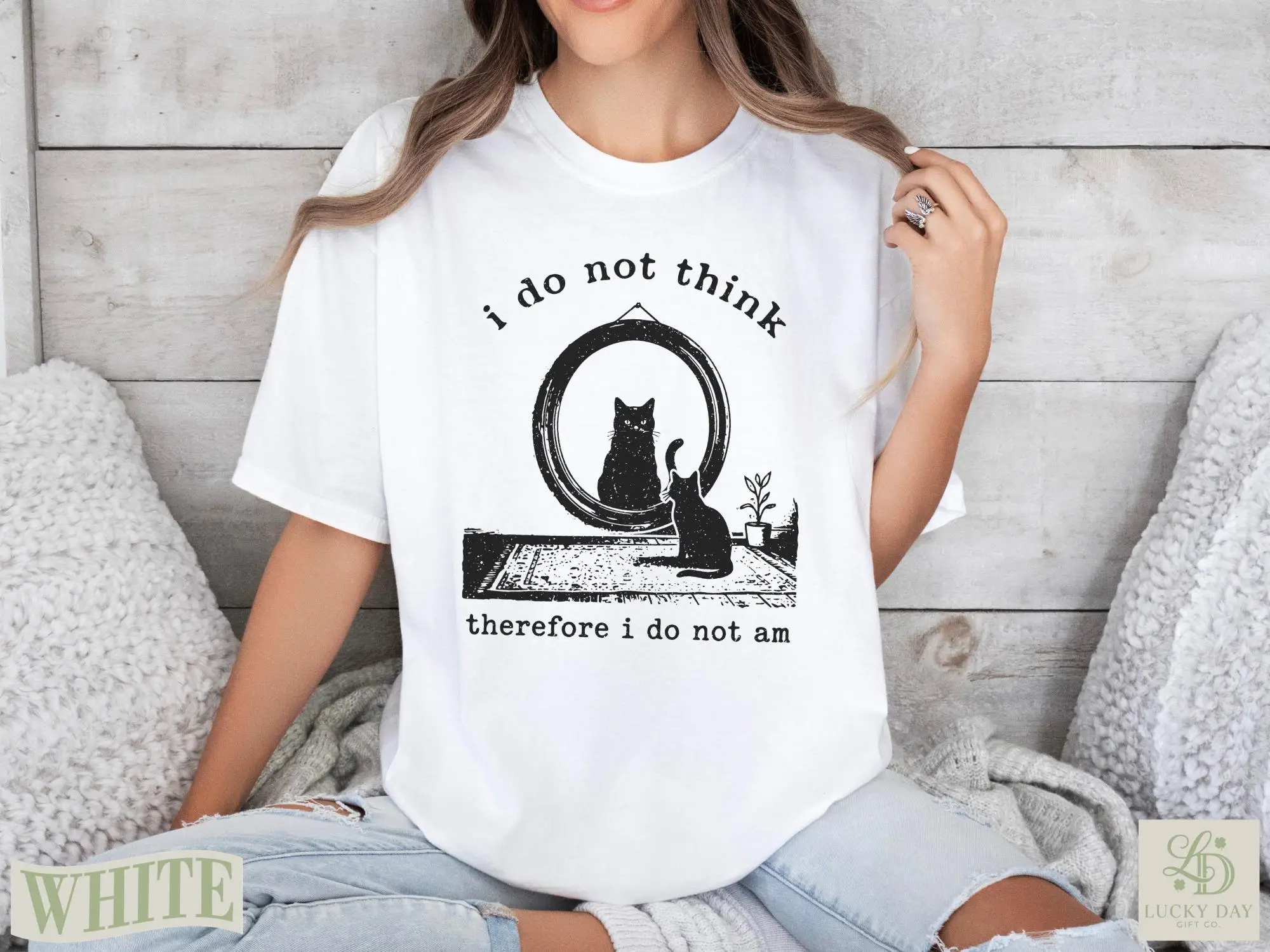 Nostalgic Retro Cat Shirt, Funny I Do Not Think Therefore I Do Not Am Top, Grunge Goth Emo Punk Witchy Gift Tee T-shirt