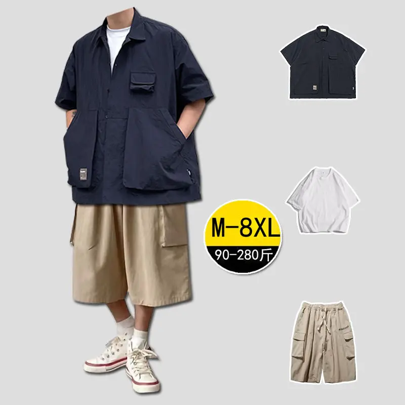 

Plus Size Summer Japanese Style Men's Casual Loose Workwear Short-sleeved Shirt Shorts American Style Retro Shirt Two-piece Set