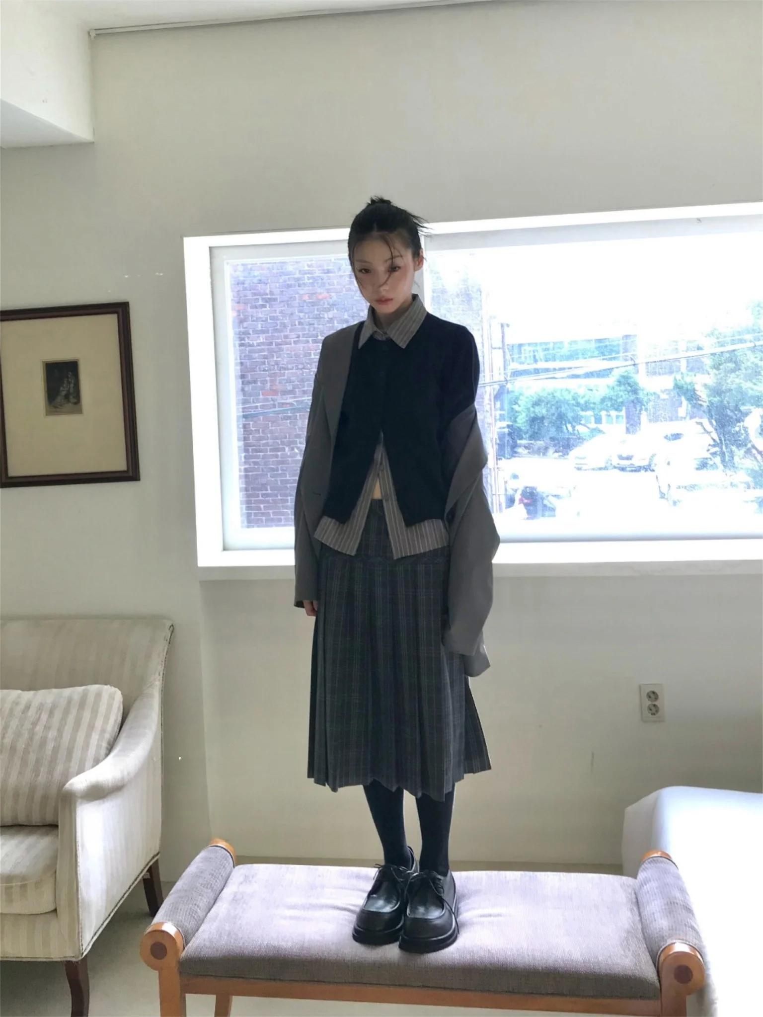 

Retro Korean Sle Midi Plaid Casual Versatile Slimming Drapey f-length Skirt High Waist Pleated A-Line Skirt for Women