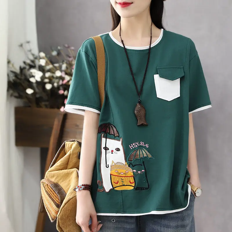 

Denim Blue Panel Pockets Women T Shirt Sad Lonely Girl Comics With Umbrella Cat Embroidery Tees Summer Oversized Tops Lady