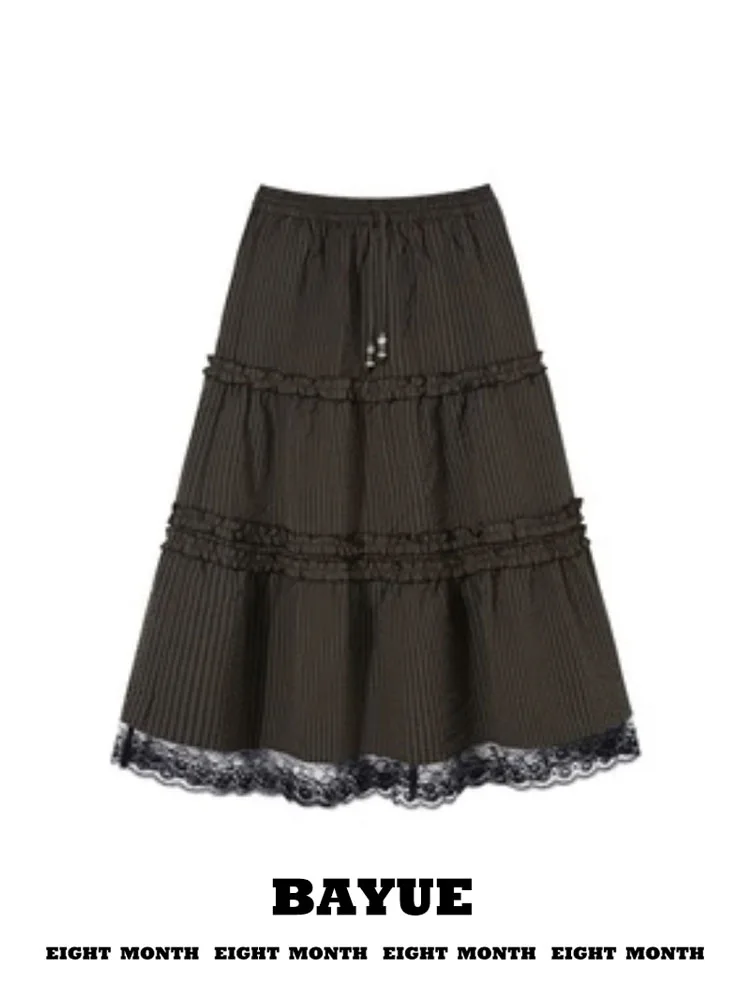 Brown Plaid Wood Grain  Half Skirt Autumn Winter Artistic Retro Loose Casual Lace Splice Drawstring Long Skirt