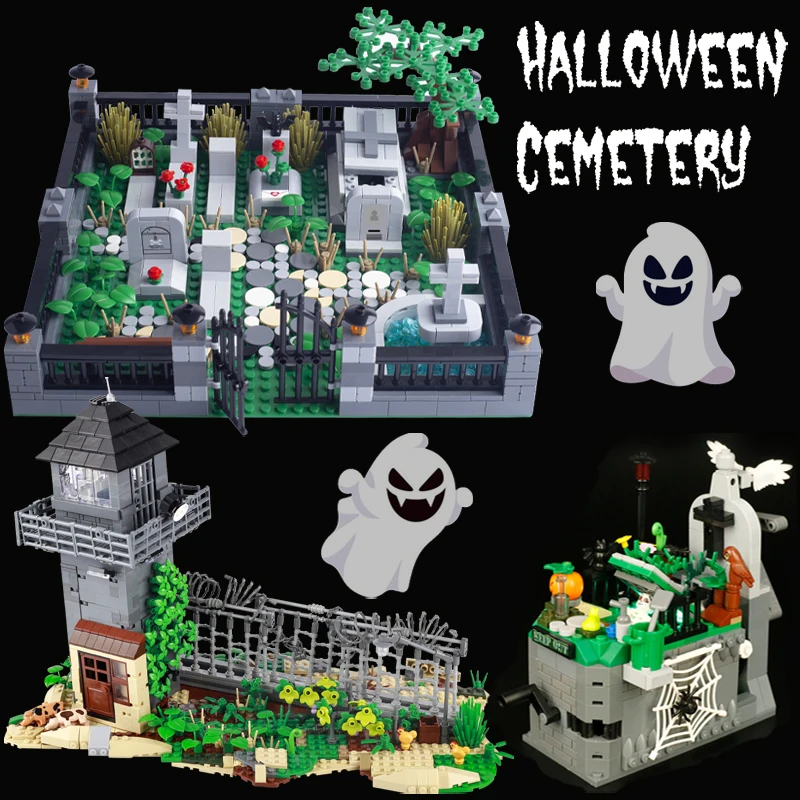 

City Halloween Cemetery Scene Skeleton Soldier Figures Building Blocks Zombie Grave Ghost Plant Pumpkin MOC Bricks Kids Toy Gift