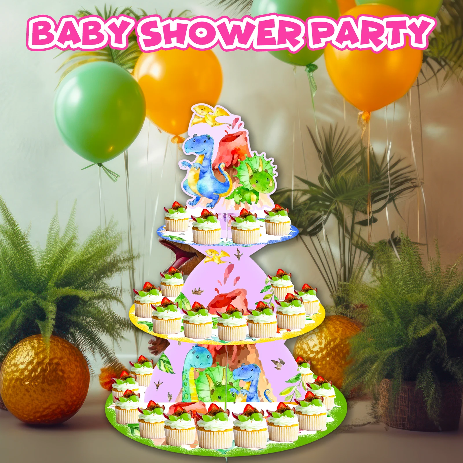Support à cupcakes dinosaure, décorations de fête d'anniversaire à 3 niveaux pour enfants, garçons et filles, thème dinosaure, présentoir à cupcakes en carton S