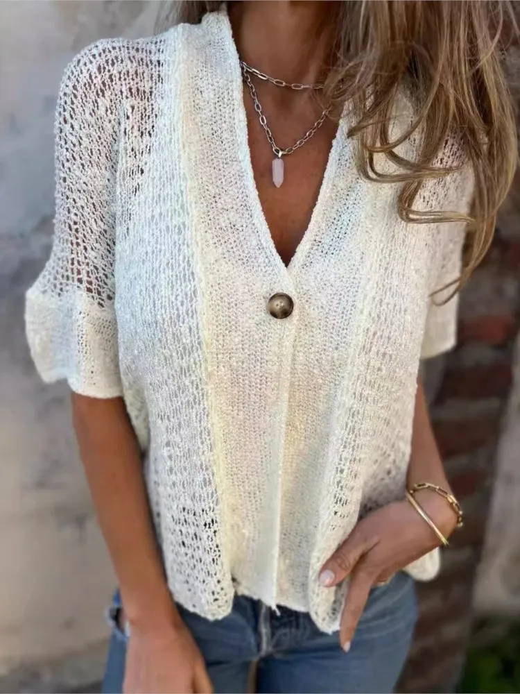 Women V-Neck Cardigan Top Casual Holiday Solid Tops Lady Fashion Short Sleeve Hollow Out Top Cardigan Spring And Summer New 2025