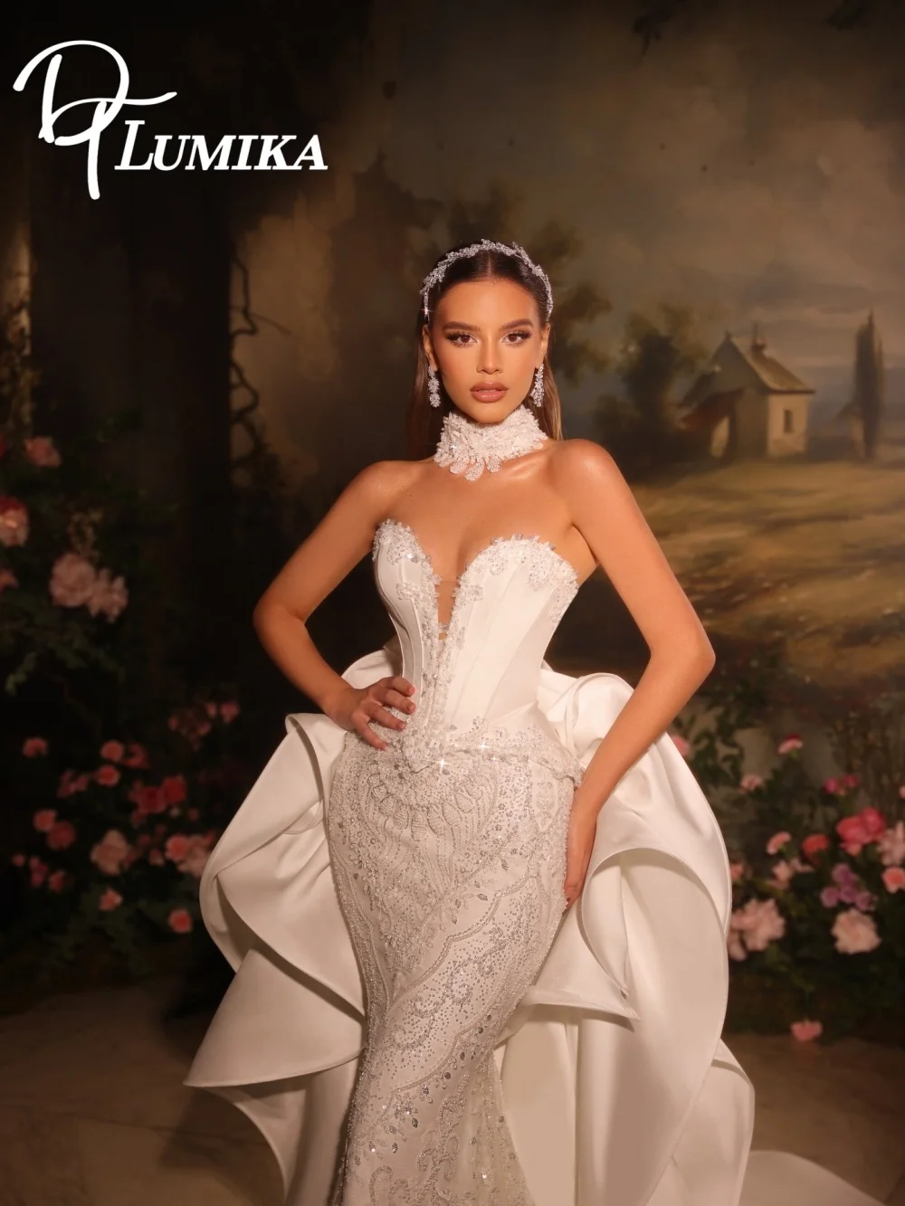 

Exquisite Strapless Beaded Mermaid Bridal Dress Lace Applique Wedding Dress Satin Ruffle Overlay Bridal Gown Vestidos De Novia