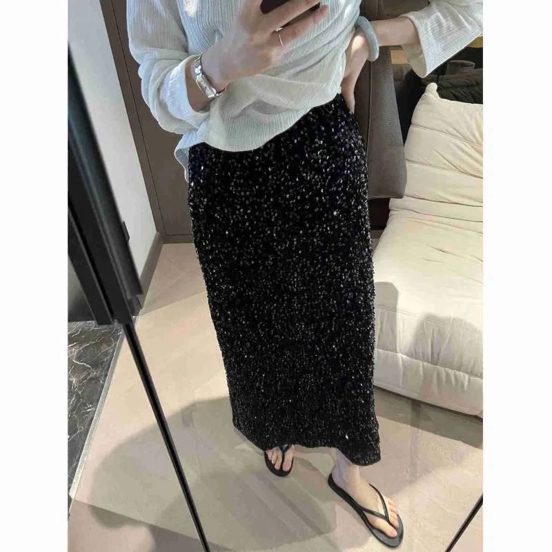 

2025 New Fashionable High Waist Slimming Glitter Half length Skirt for Women with Back Split Elastic Straight Tube Long Skirt