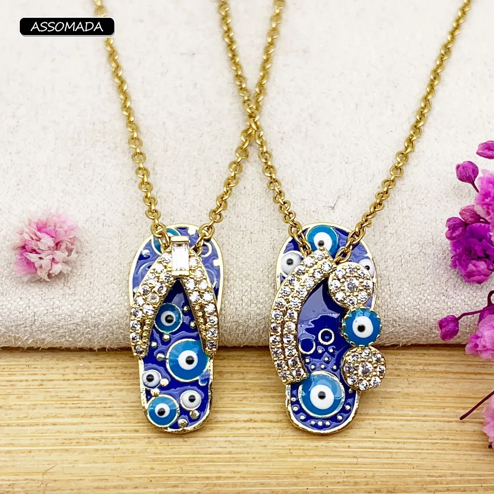 Rhinestone Evil Eye Enamel Slipper Pendant Stainless Steel Necklace For Women Chain Gold Plated Blue Eyes Charms Jewelry Gift