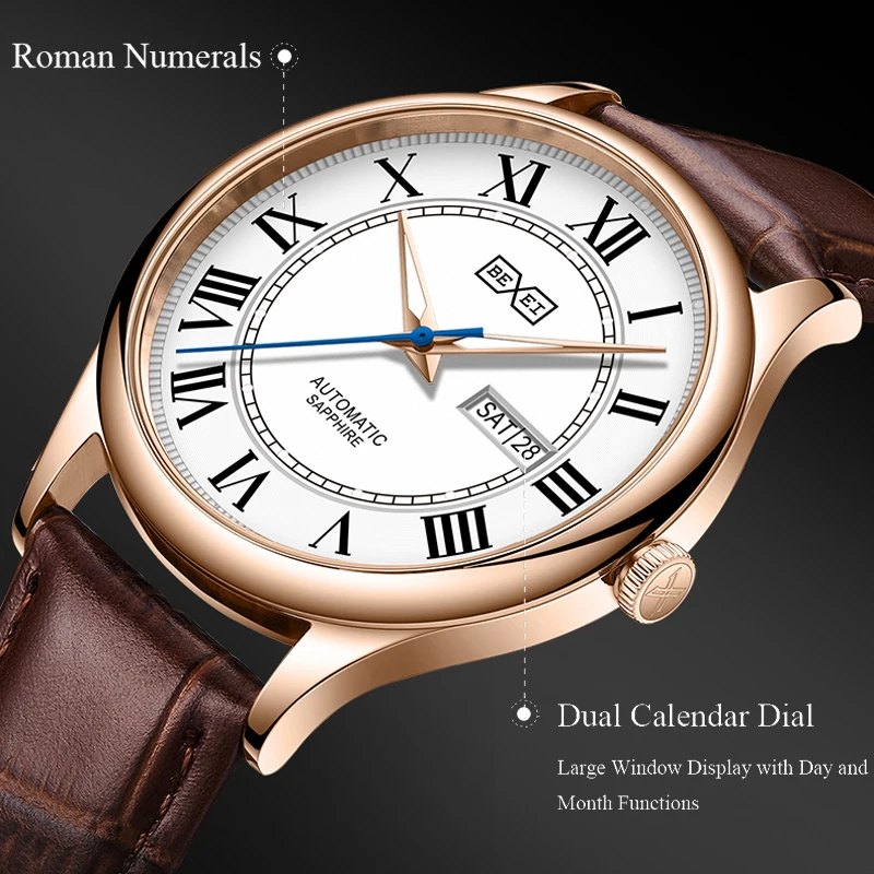 BEXEI 2025 Displays for date day of the week mechanical Automatic Movement Roman Numerals Man watch sapphire Crystal