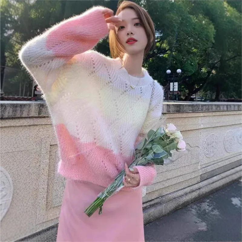 

Unique Overalls Polyester Blend Medium Weight round Neck Korean Style Lazy Hollow out Long Sleeve Women's Knitwear Sweet Design