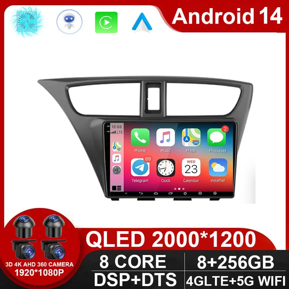 

Android 14 Car Radio Multimidia Video Player Car Stereo For Honda Civic Hatchback 2012- 2017 Carplay 2 din dvd Head Unit NO 2Din