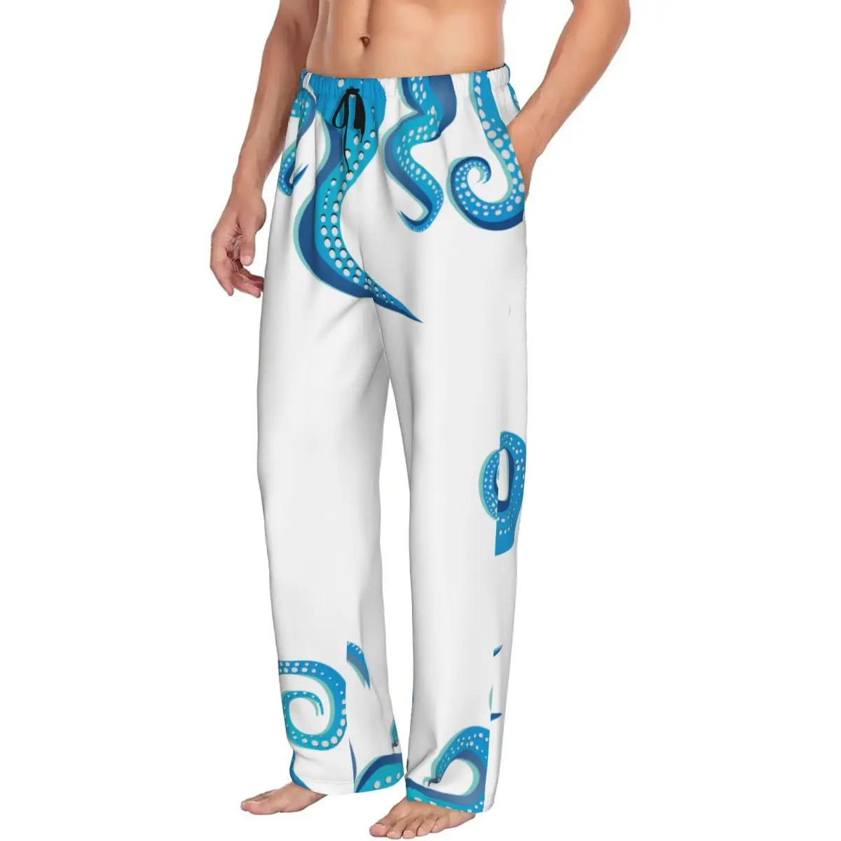 Blue White Tentacles Frame Pajama Pants Sleepwear for Men Elastic Waistband Sleep Lounge Bottoms with Pockets