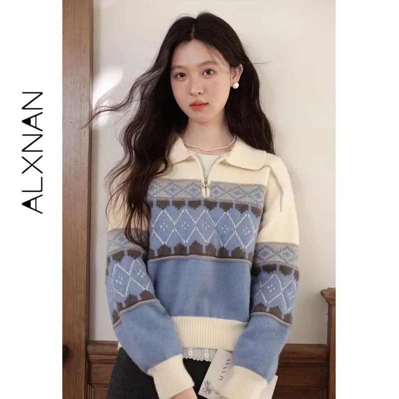 

ALXNAN женский свитер с отложным воротником на молнии, жаккардовый цветной эластичный пуловер, новый молодежный элегантный трикотаж L58819