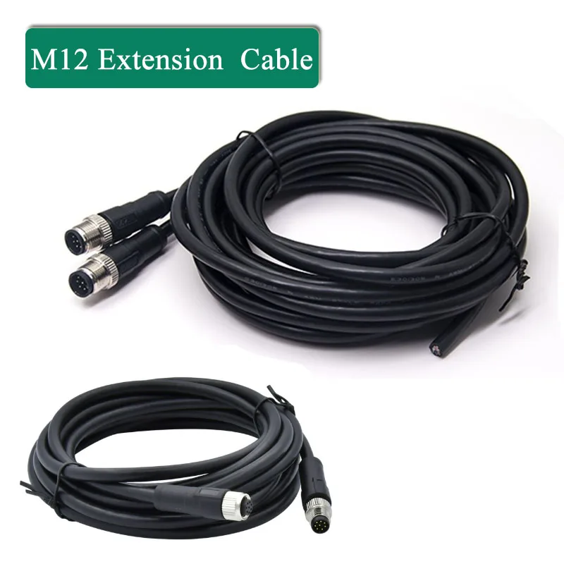 M12 Extension Cable Elbow Male Head to Straight Female Head Aviation Sensor Wire 3 4 5 6 8 12 17 Pin Communication Connector 2M