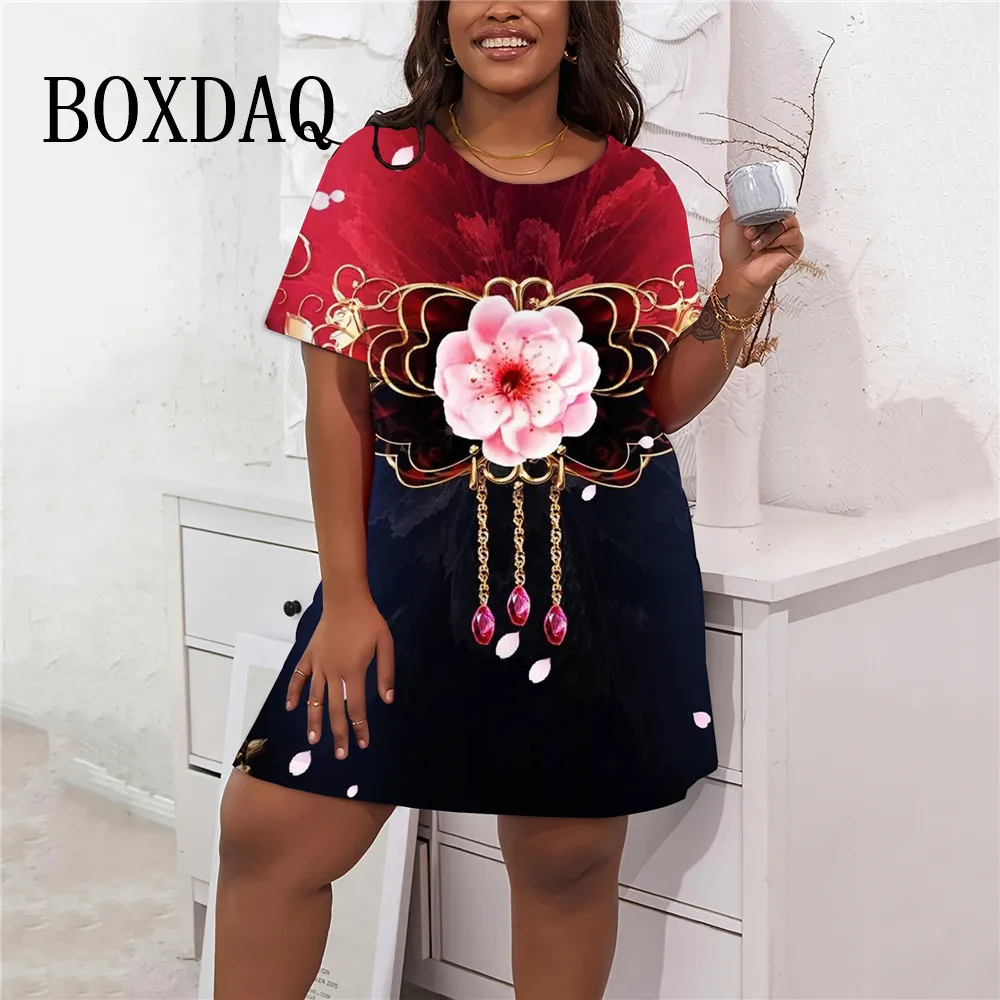 2024 Summer Fashion New Women's Flower 3D Printed Dress Casual O-Neck Short Sleeve Plus Size Women Street Ladies Loose Clothing