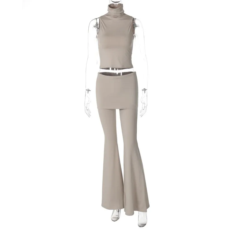 

Streetwear Pants High Waist Flared Solid Beige Trousers Wide Leg Ruched Waist Long Pants Cropped Sleeveless Crop Top Pants