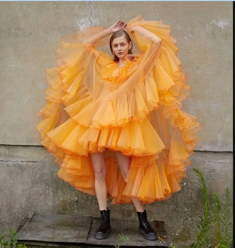 Orange Elegant Stunning Simple Women Dress Tulle See Thru A-line Evening Dress High Low Tulle Ruffles Party Dress Photography