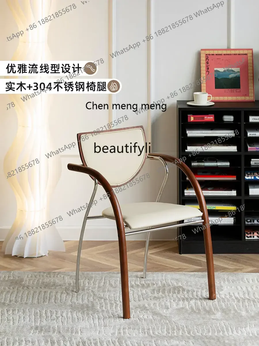 ss7486 Middle-Ancient Stainless Steel Designer Solid Wood Dining Chair Home Backrest Chair Light Luxury Cosmetic Chair