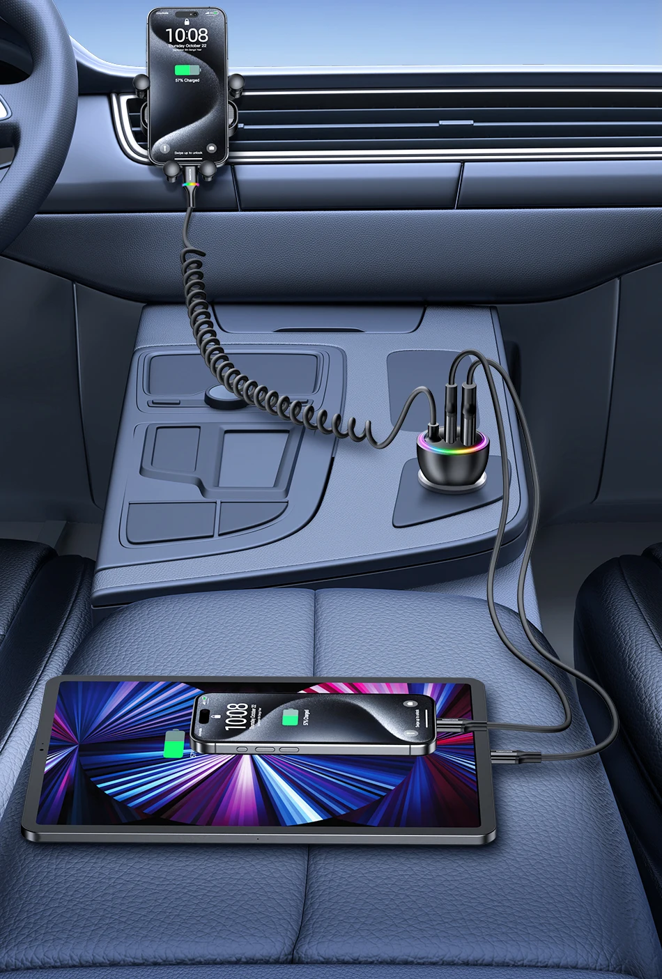 Rocoren 70W USB-Autoladegerät, schnelles Laden, PD 35W USB-C-Autoladegerät mit Federladekabel, Typ-C-Autoladegerät für iPhone Xiaomi – Detail 11