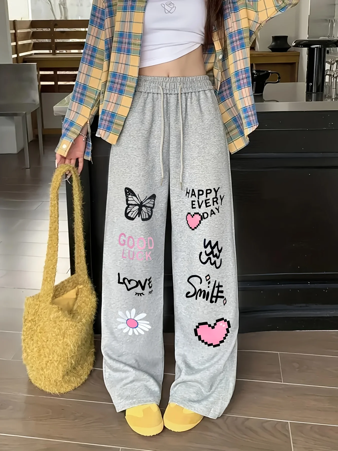 بنطال رياضي كاجوال بنمط الشارع مقاس كبير للسيدات مطبوع عليه شخصية للخريف والشتاء من الصوف فضفاض مناسب ملابس الشارع كبيرة الحجم #1