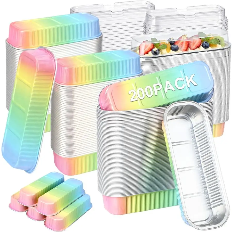 

200 наборов мини-форм для выпечки из алюминиевой фольги с крышками, 6,8 унций, одноразовые прямоугольные формы для кексов с крышками для пасхальных вечеринок