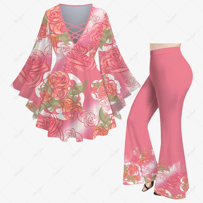 3D Rose Peach Blossom Flowers Leaf Print for Women Casual Valentine Matching Set Crisscross Flare Sleeve Top Or Flare Pants