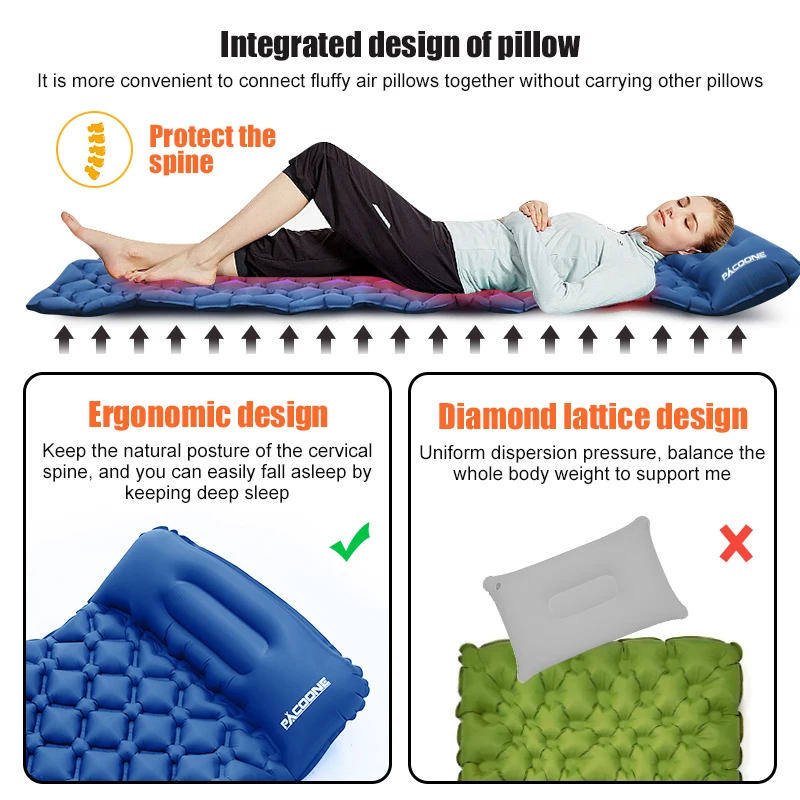 PACOONE Outdoor Sleeping Pad Camping Inflatable Mattress with Pillows Travel Mat Folding Bed Ultralight Air Cushion Hiking NEW