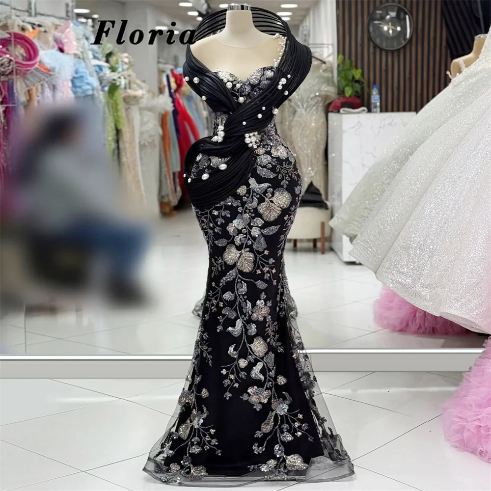 

Elegant Black Mermaid Celebrity Dresses Arabic Dubai Ruffles Beaded Prom Dress Robes De Soiree Evening Party Gowns Customized