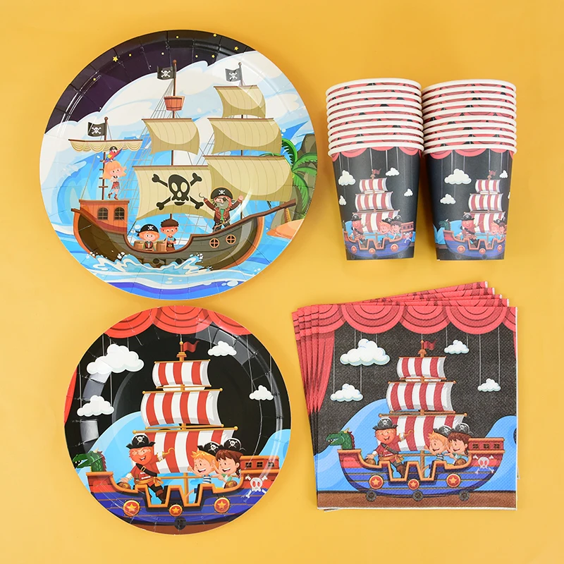 Pirate Birthday Disposable Tableware Paper Plate Cup Napkin Tablecloth Pirate Themed Birthday Party Decoration Kid Gift Supplies