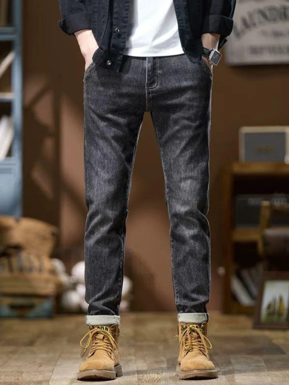 

Модные черно-серые джинсы с косыми карманами, мужские, зауженные, эластичные, универсальные, повседневные, длинные брюки, молодежные, популярные, прямого кроя