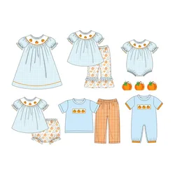 Ropa Baby Short Sleeve Set Round Neck Cute Three Pumpkin Pattern Boy Blue Top Clothes And Lattice Pants With Girls Sister Romper