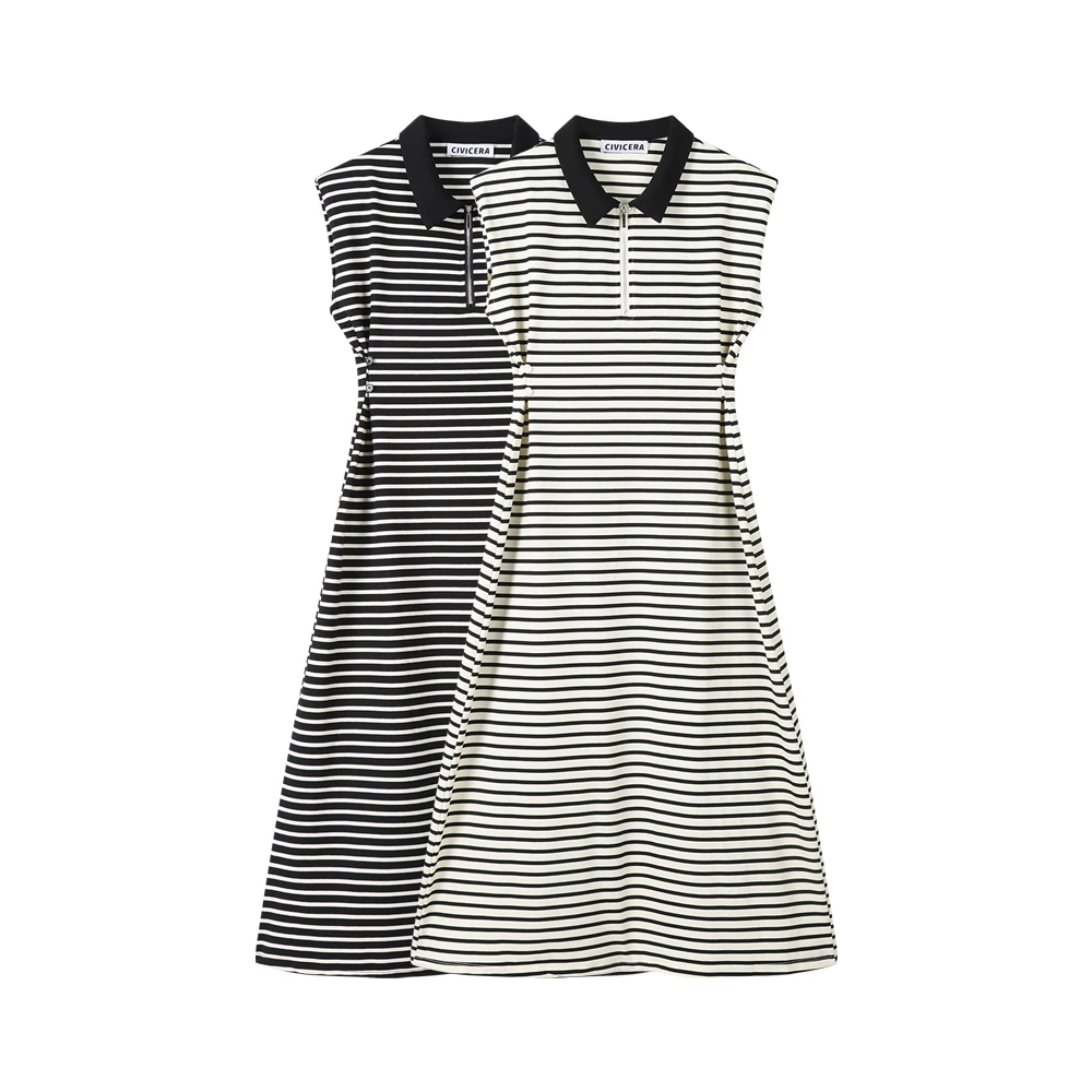 

Women New Polo Neck Tennis Sleeveless Dress Casual Striped Vest Long Dress Women Clothes