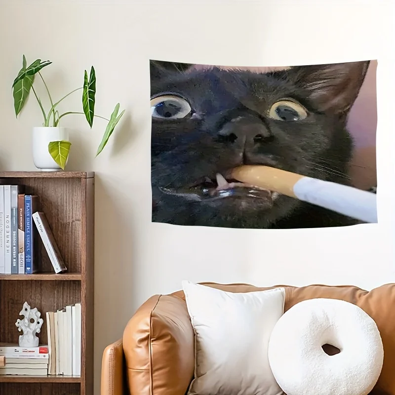 VIKAMA Funny Smoking Black Cat Meme Tapestry, Fun Cat Smoking Emojis Wall Hanging for Bedroom Living Room Dorm