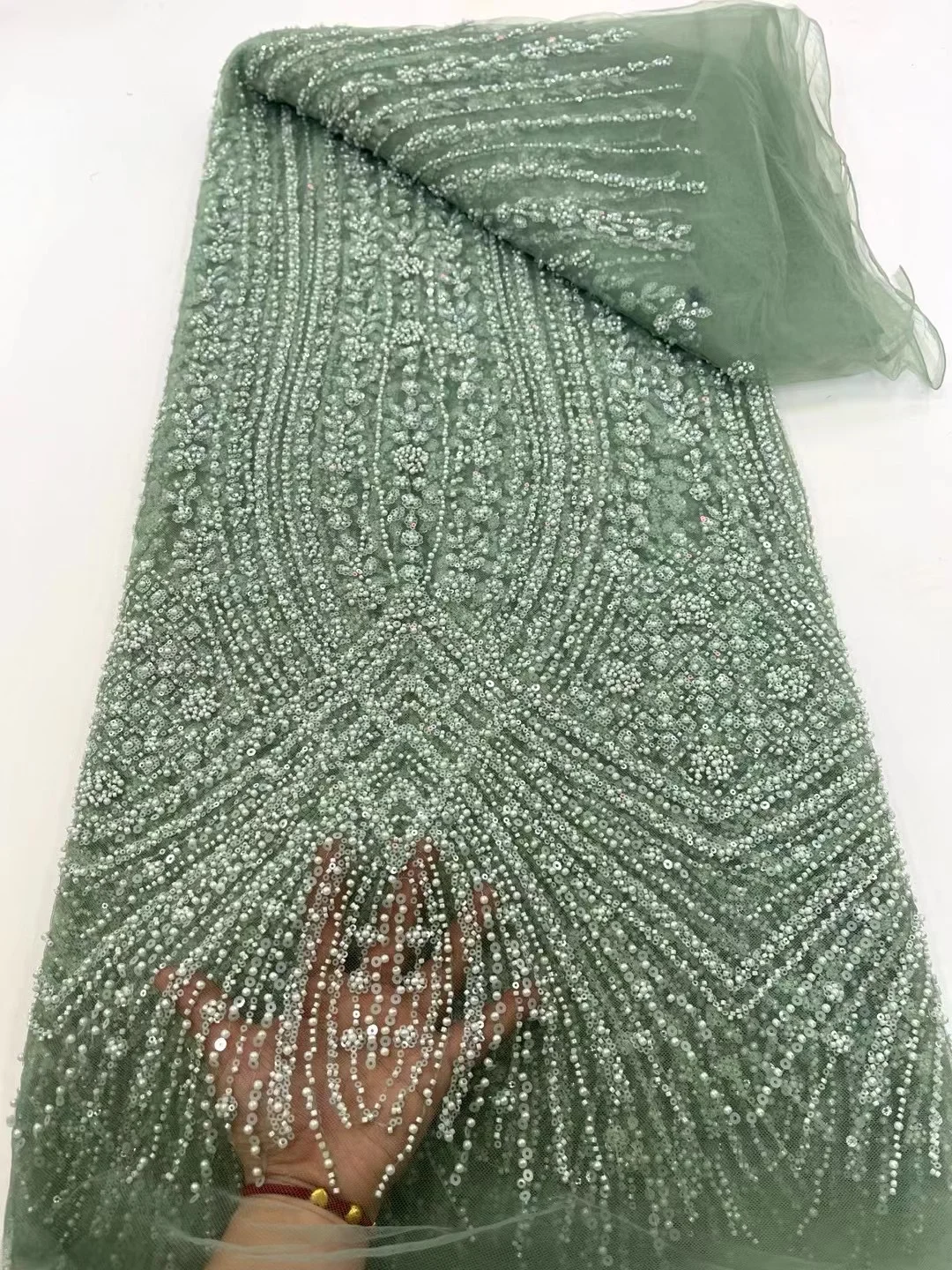 High Grade Shiny Sequins Tulle Lace Fabric with Tube Beads Sequins Embroidery French Net Lace for Party Wedding