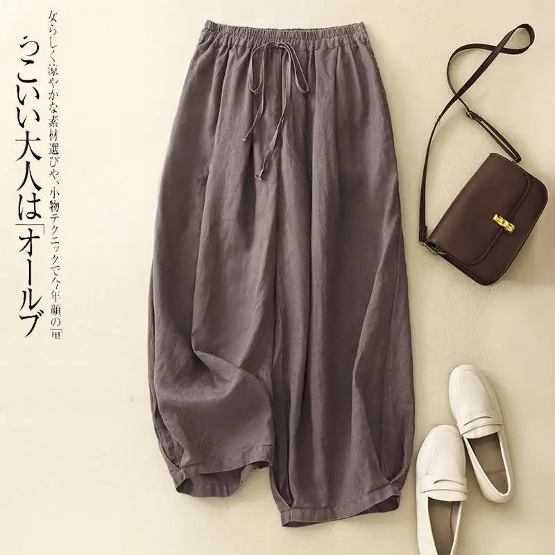 New Arrival 2024 Summer Arts Style Women Elastic Waist Loose Ankle-length Pants Solid Casual Cotton Linen Harem Pants