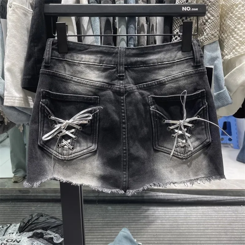 ReddaChic Denim noir femmes jupe moulante rétro ruban poches faire vieux moustaches taille basse mince Mini jupe Grunge vêtements d'été