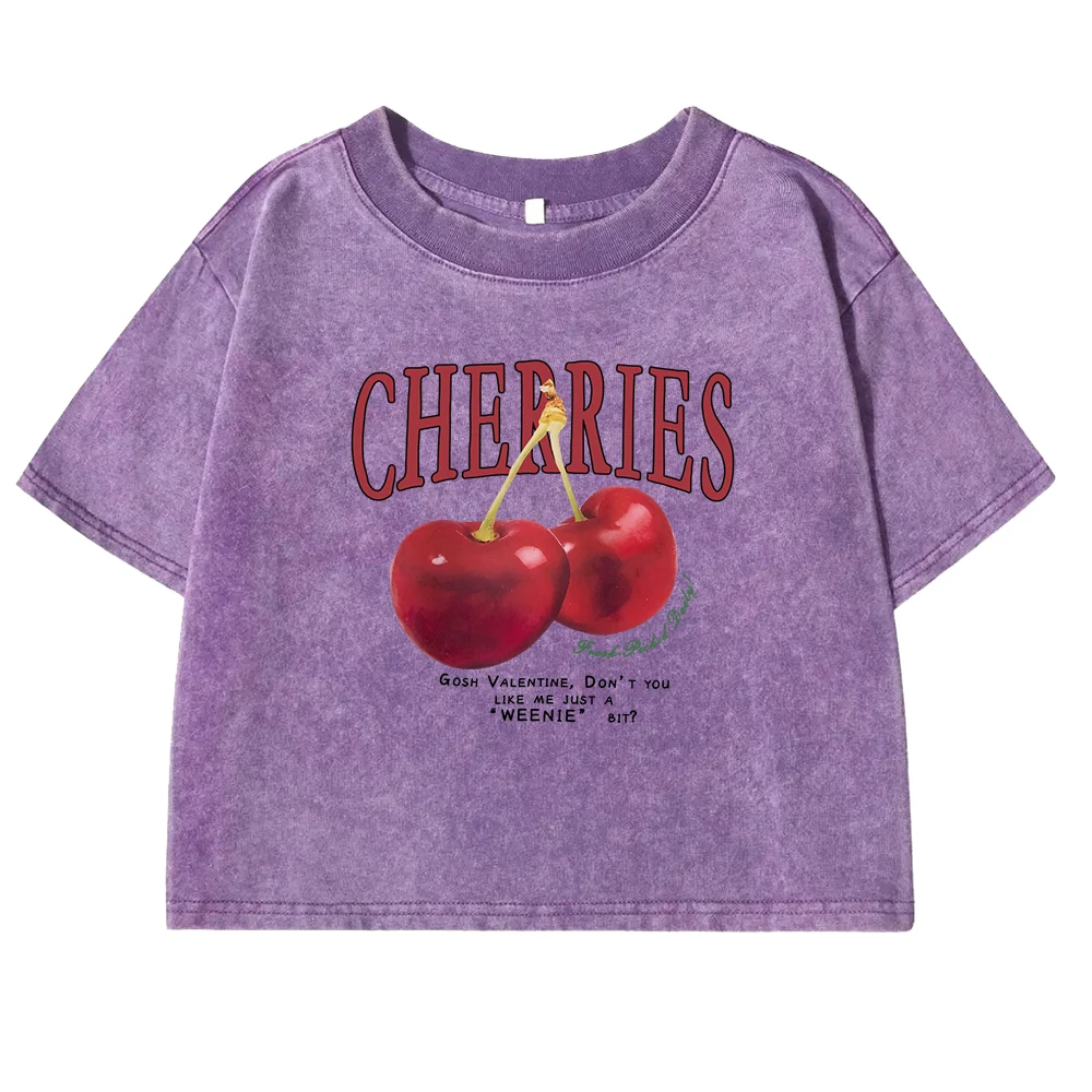 Red Cherries Letter Printed Female T-shirt Fashion Summer Washed Clothing Casual Cotton Crop Top Retro Tee Shirts For Women