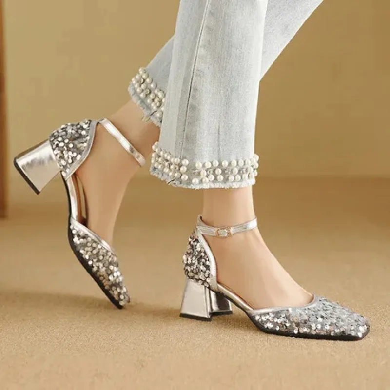 

Platform Glitter Silver Gold Ankle Strap Pumps Women Wedding Party Shoes Bridal Ladies High-heels NightClub Sequin Shoes Size 43