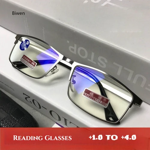 Gafas de lectura de medio marco de Metal para hombre, gafas antiluz azul de diseñador de lujo, gafas graduadas para presbicia con acabado a + 4,0