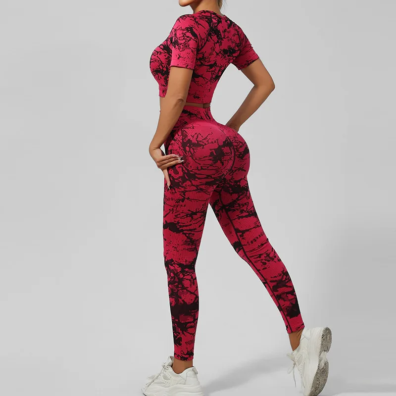 Boring Honey Tie-Dyed Yoga Suit Two-Piece Short-Sleeved Outdoor Running Sportswear Women Sexy Peach Hip Seamless Hip Yoga Pants