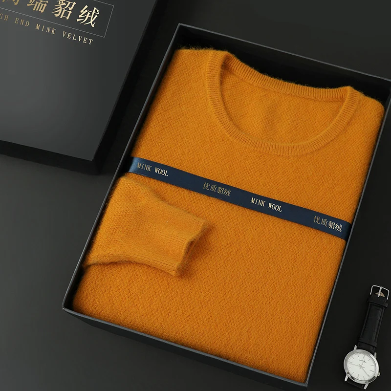 Mens Mink Wool Long Sleeve Knitted Sweaters Solid O-neck Loose Pullover Men Clothing Lightweight Soft Warm and Comfortable Top