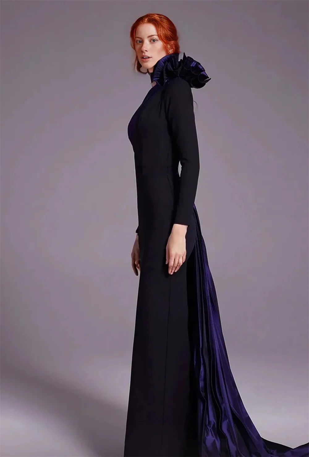 Contessa personnalisé une épaule à manches longues robe de soirée noir violet plissé Train robe formelle élégante robe de soirée de bal pour les femmes