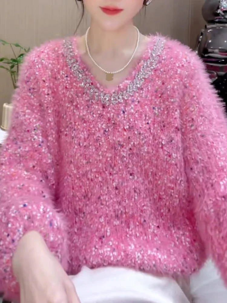 

Новый женский тонкий свободный свитер Ele Floral Tead с V-образным вырезом, розовый, для лета, осени и зимы, из плотной ткани, комфортный топ