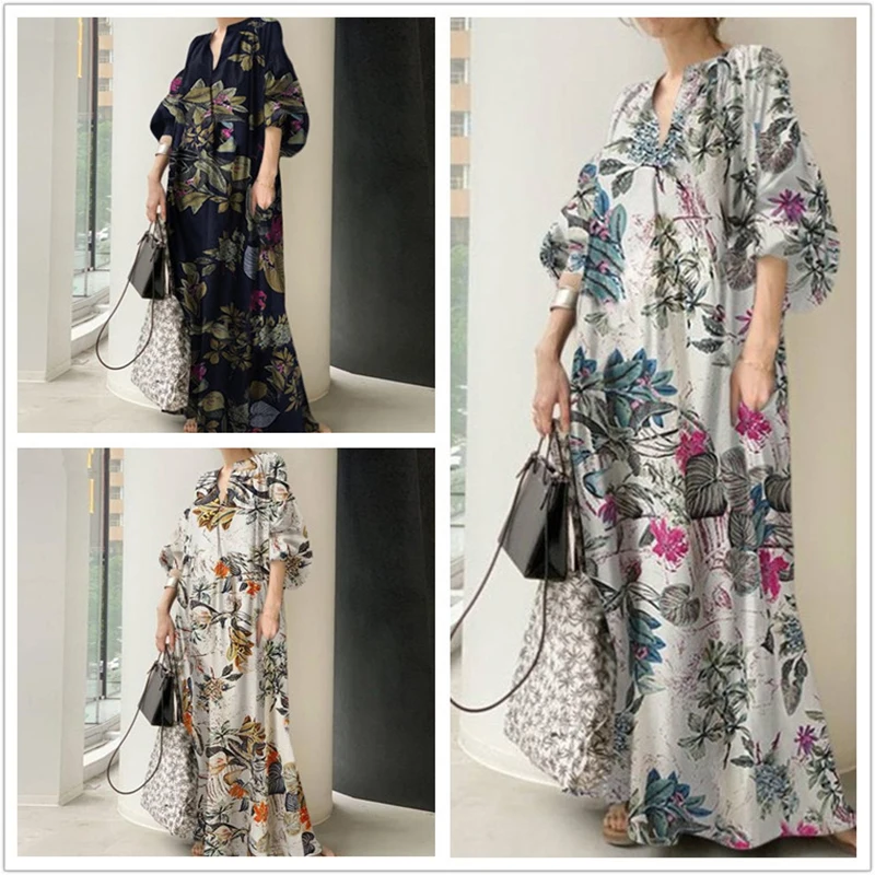 2024 new ladies fashion Chinese style printing V-neck simple cotton hemp loose leisure home long large size dress