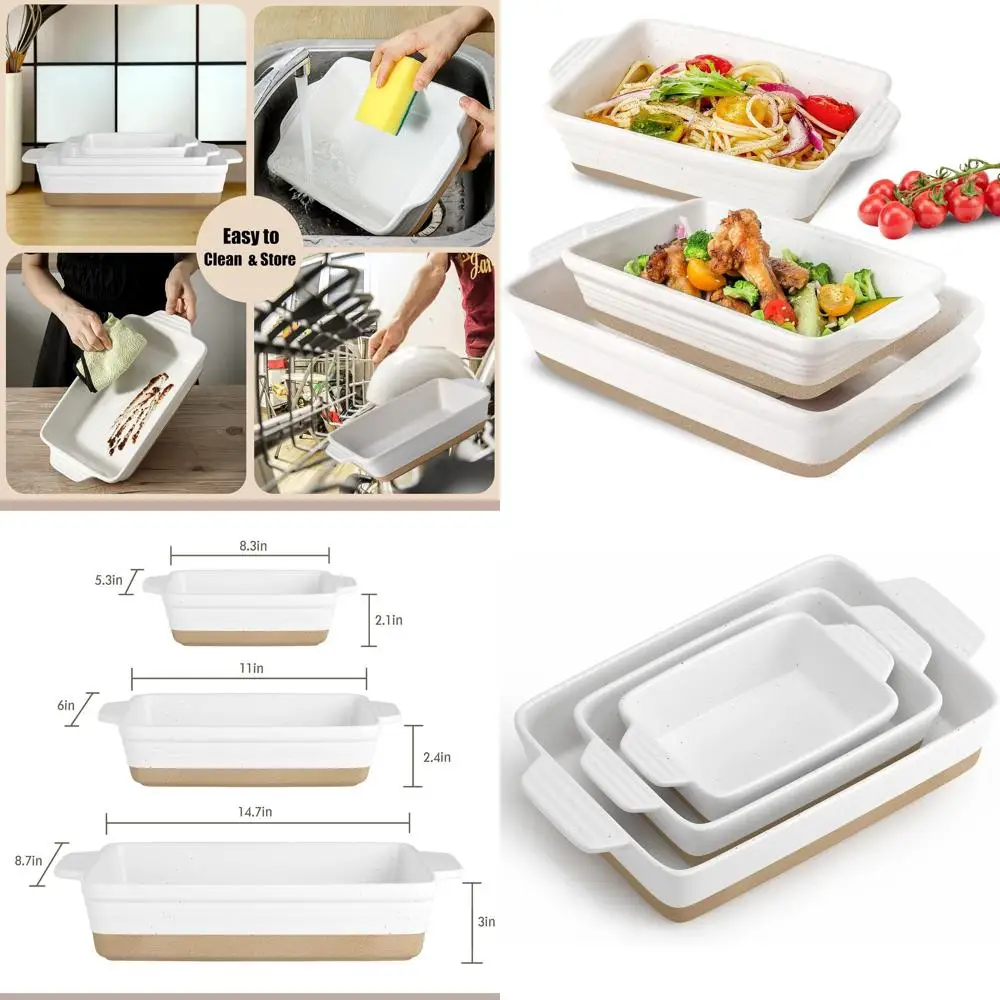 

Oven-Safe Rectangular Ceramic Bakeware Set, 3-Piece, Deep Lasagna Pan with Handles, 14.7x8.7x3, White