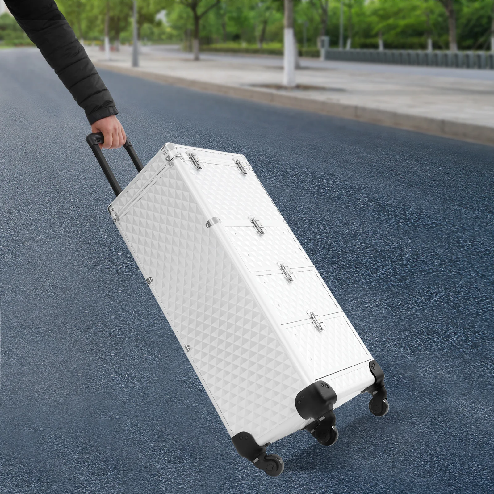 

Silver Rolling Makeup Case 3 Drawers Water Cube Pattern Salon Cart with Universal Wheels Modern Rectangular Makeup Organizer