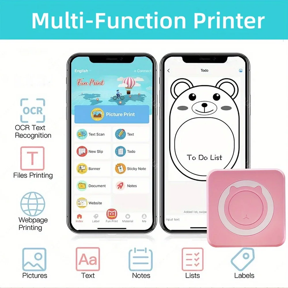 Portable Mini Thermal Printer Wirelessly BT 203dpi Photo Label Memo Wrong Question Printing With USB Cable Imprimante Portable