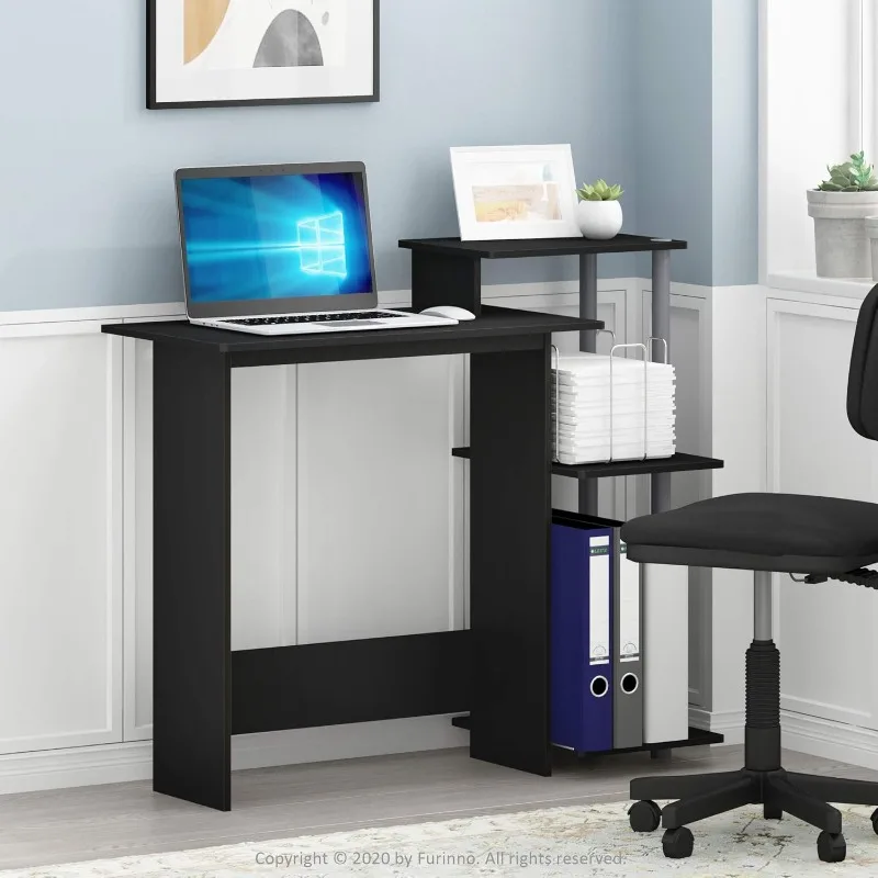 Efficient Home Laptop Notebook Computer Desk with Square Shelves, Solid Black/Grey