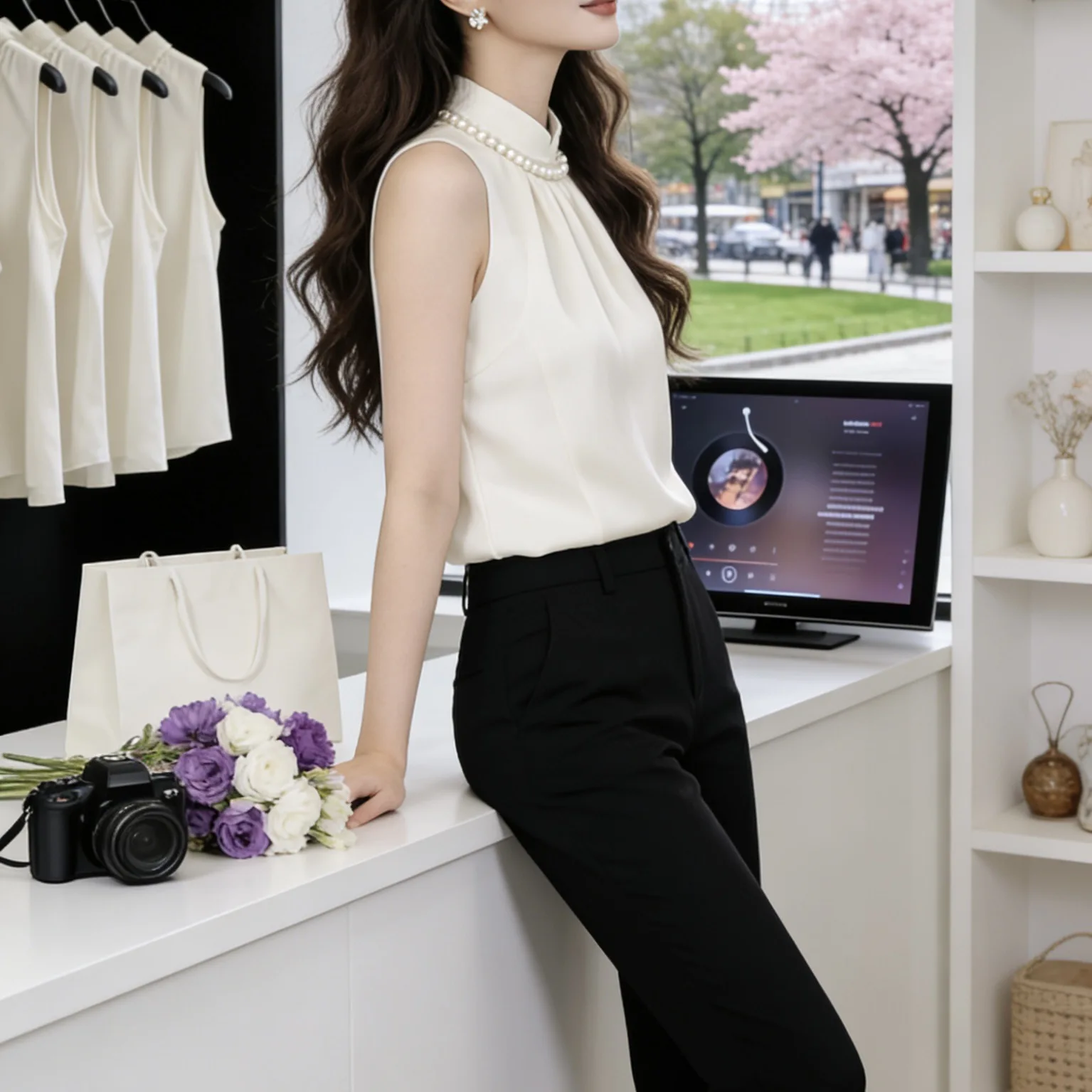 

Elegant Purple Sleeveless Silk Shirt Women's Summer Fashion Outerwear Light Maturity Trendy Top French Style Loose Fit Polyes...
